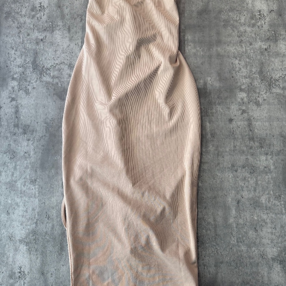 Lace Up Beige Bodycon Sleeveless Midi Dress Spaghetti Strap Open Back Women’s L